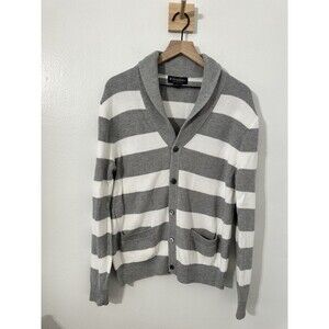 Brooks Brothers Double Pique Grey & White Striped Shawl Collar Cardigan Large